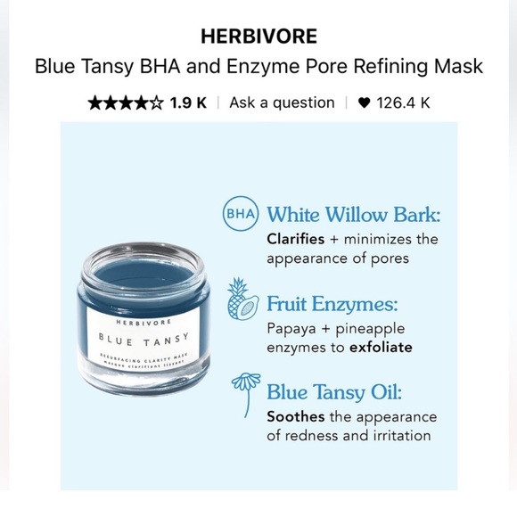 🆕 HERBIVORE Blue Tansy Invisible Pores Resurfacing Clarity Face Mask BOTANICALS - Picture 2 of 8